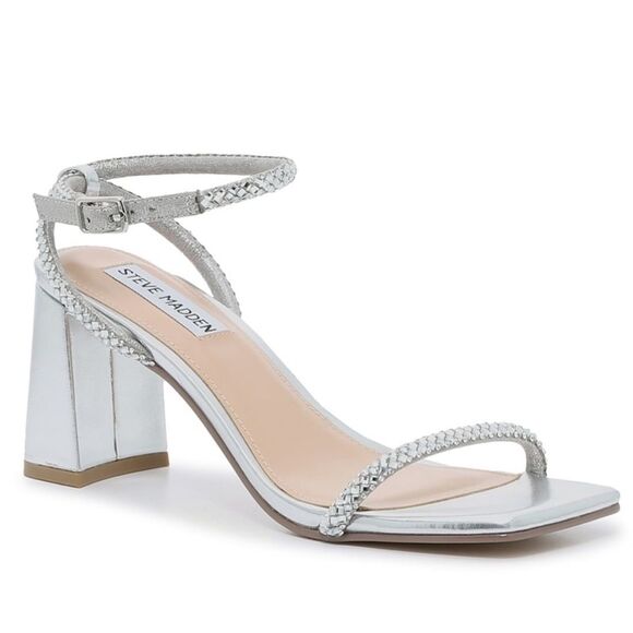 Steve Madden Hurrah Dress Sandals Silver Strappy Heels Crystal Embellishment 8 - Picture 1 of 11